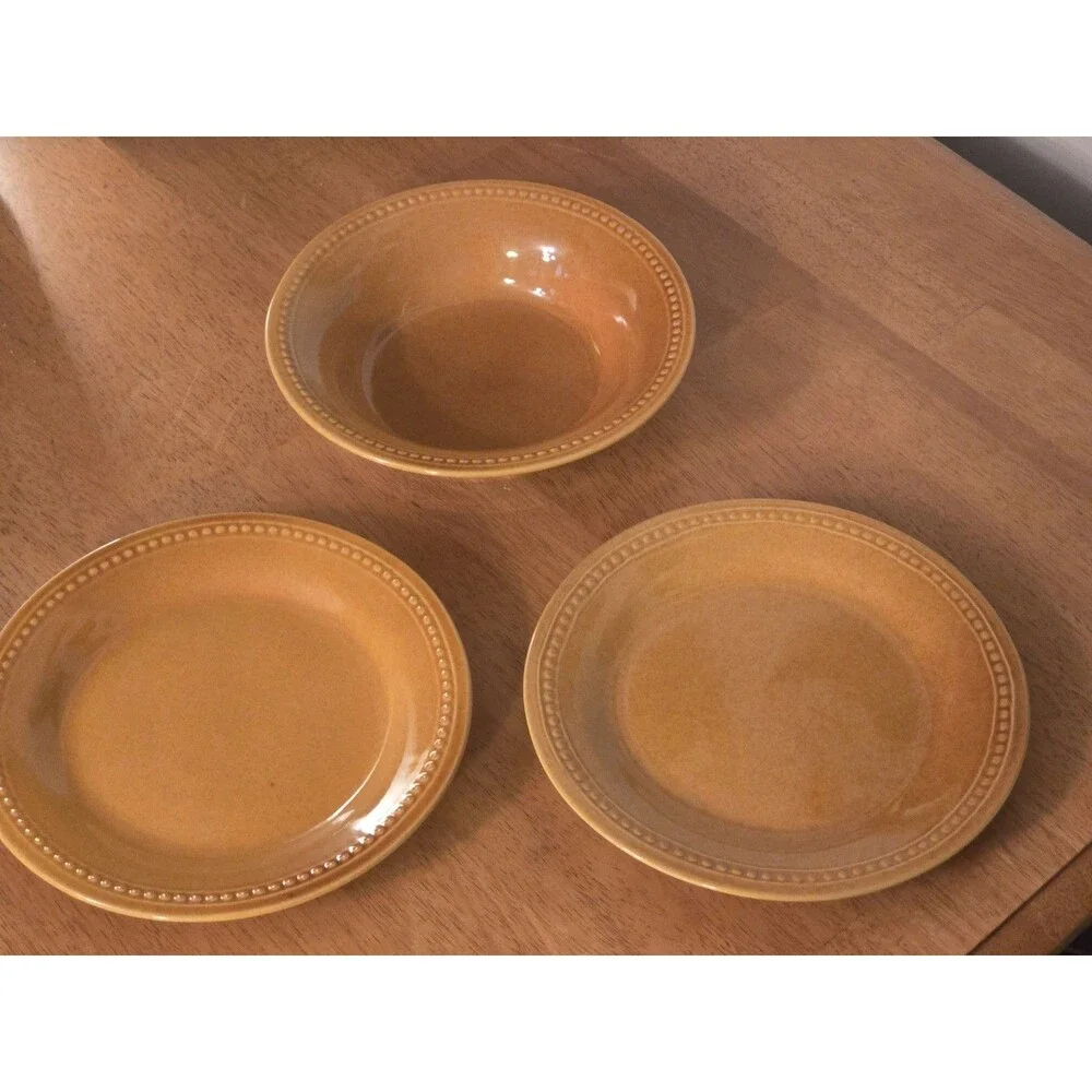 Pier 1 Spice Route Ginger Stoneware 3 Pc Set Beaded Rim Soup Bowl Salad Plates